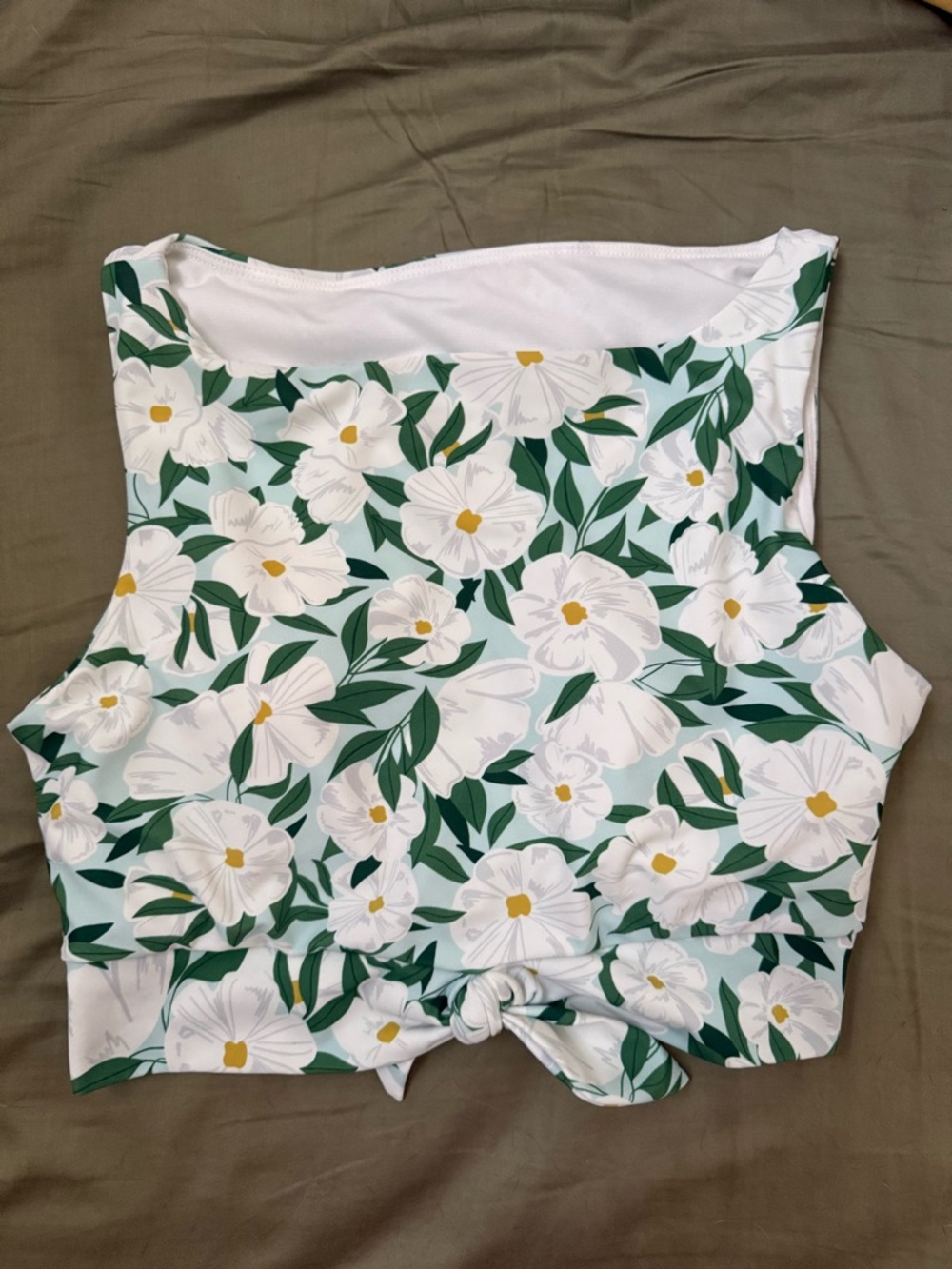 Lime Ricki White Floral High-Neck Swim Top with Green Leaves